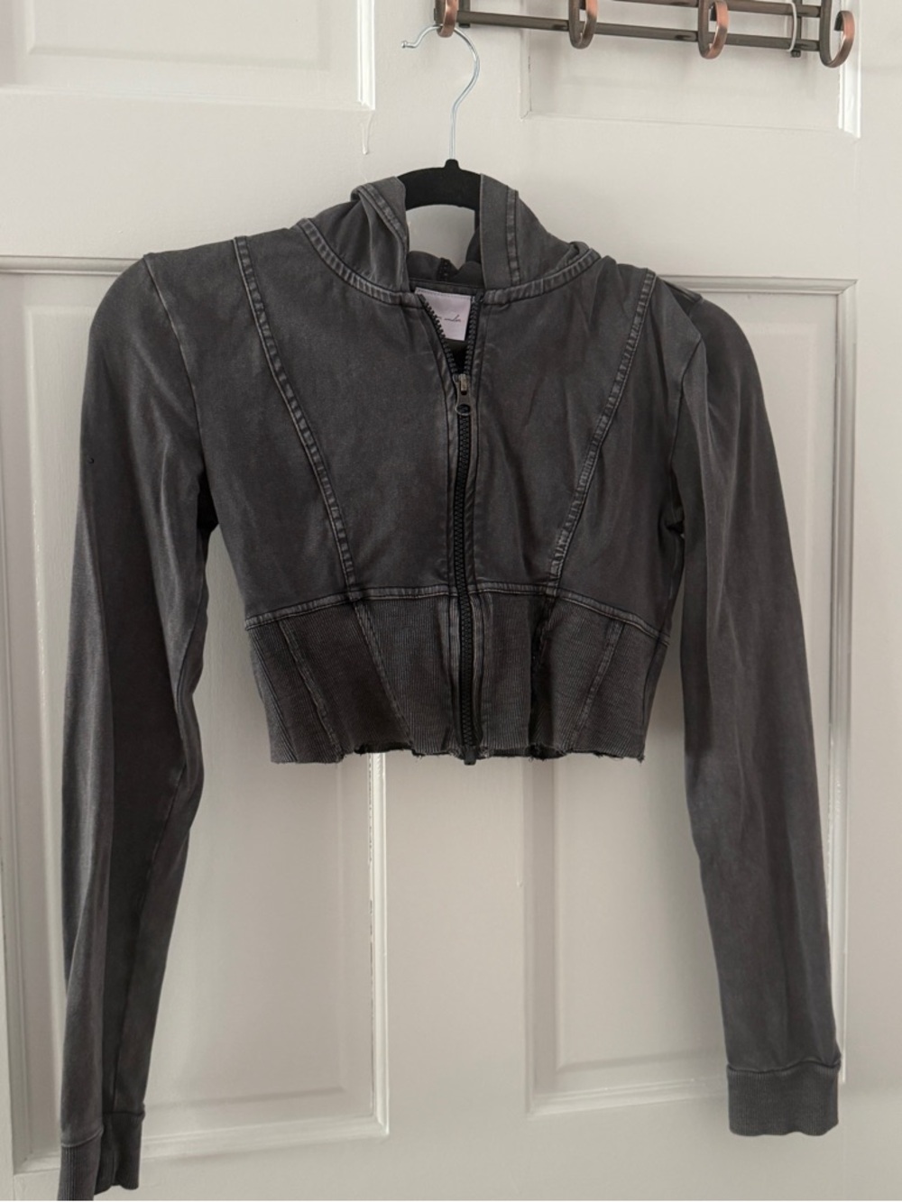 Free People Charcoal Gray Cropped Hooded Zip Jacket